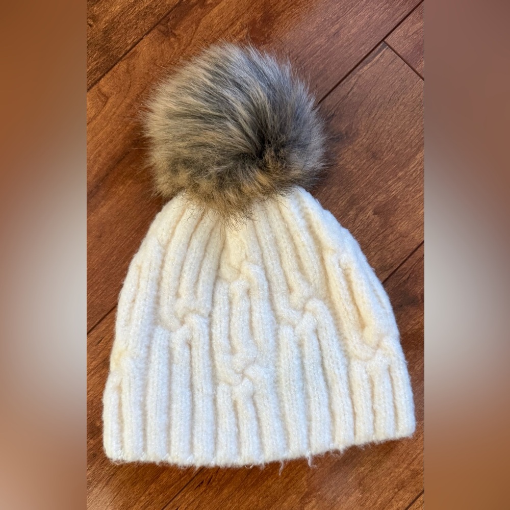 Express Cream Knit Beanie with Faux Fur Pom